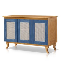 Buffet Aparador Tela 3 Portas Madeira Maciça Deltan Imbuia com Azul Lavado - Atraente Móveis - 1