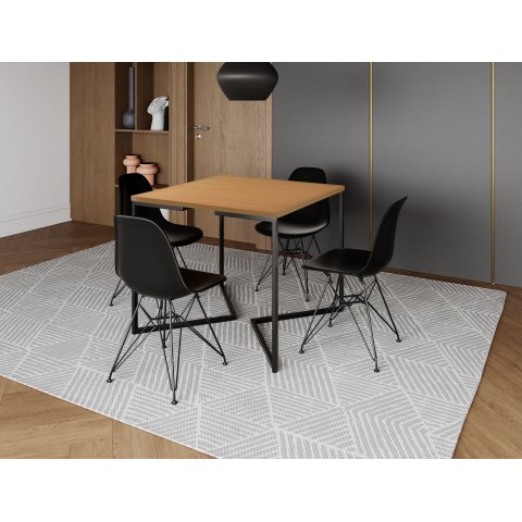 Mesa Industrial Base Ferro Preto em V Tampo 90x90 Canela 4 Cadeiras Eames Ferro Assento Preto