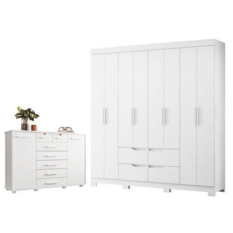 Guarda Roupa Casal Doble 8 Portas de Bater 4 Gavetas MDP Branco com Cômoda Fontana Albatroz Móveis