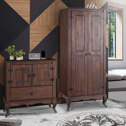 Guarda Roupa 2 Portas Com Cômoda Pequena Madeira Maciça Rústico Marrom Shop JM - 1