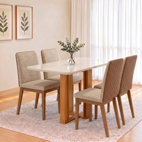 Conjunto Sala de Jantar Mesa Manu 120cm Tampo MDF e Vidro Canto Arredondado 4 Cadeiras Pietra