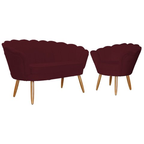Kit Namoradeira + 1 Poltrona Decorativa Pétala Suede Marsala Pés Madeira Mz Decor
