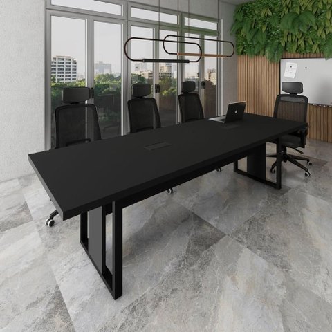 Mesa de Reunião Retangular F5 Office Industrial sem Gavetas 270cm Preto F5