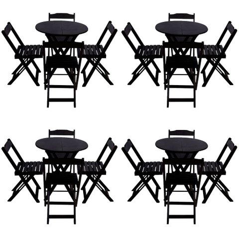 Kit 4 Jogos de Mesa Dobravel com 4 Cadeiras Tampo Redondo 70x70 Preto