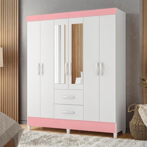 Guarda Roupa 6 Portas Roma com Espelho Branco Rosa