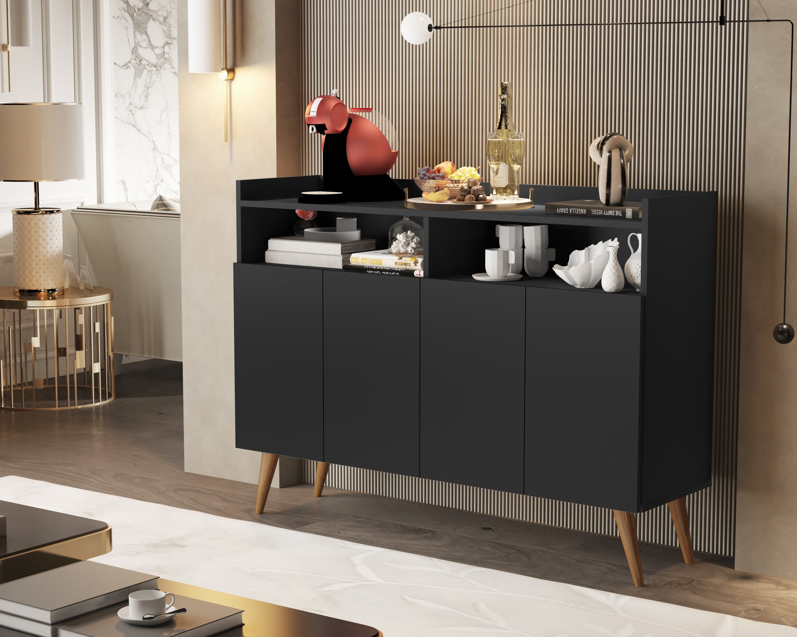 Combo Rack para Sala Vivare Wood 1.8 e Buffet Wind 4 Portas:Black ...