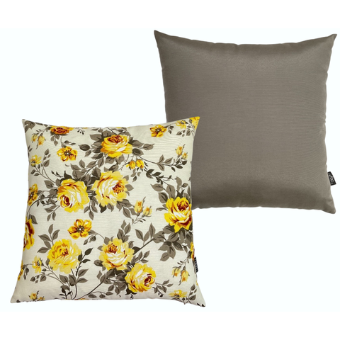Almofadas Cheias para Sofá Impermeável Floral Amarela Cinza Kit 2 45CMX45CM