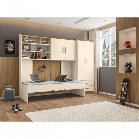 Jogo de Quarto Chiara 2 Portas Módulo Aéreo e Cama MDP Off White Phoenix Baby