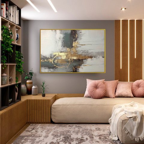 Quadro Decorativo Abstrato Cinza com Dourado