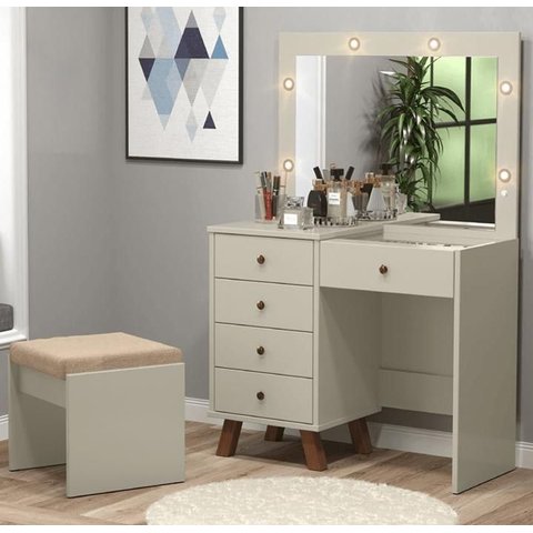 Penteadeira Camarim 05 Gavetas Mel Off White com Banqueta - Patrimar