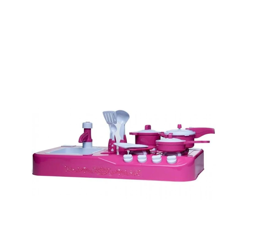 Fogão De Brinquedo Cooktop C/Torneira Que Sai Água + 14 Pçs Pink