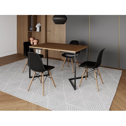 Mesa Industrial Base Ferro Preto em V Tampo 137x90 Amêndoa 4 Cadeiras Eames Madeira Assento Preto