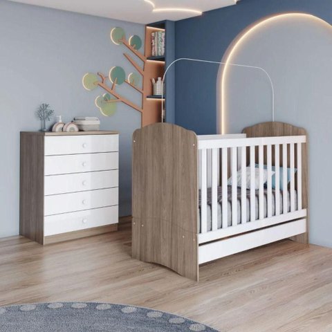 Quarto Infantil 2 Peças Berço e Cômoda Bala de Menta MDP Rustico com Branco Móveis Henn