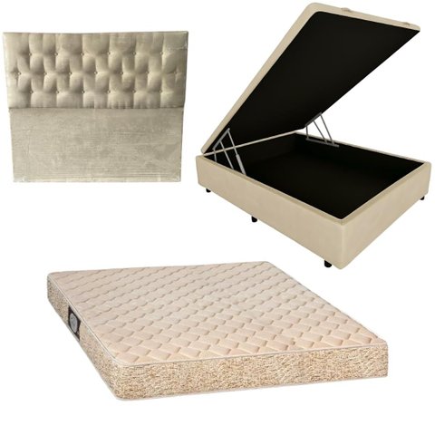 Cama Box Baú Blindada com Colchão de Espuma Toulon D33 + Cabeceira Botonê - Casal - Corino Bege