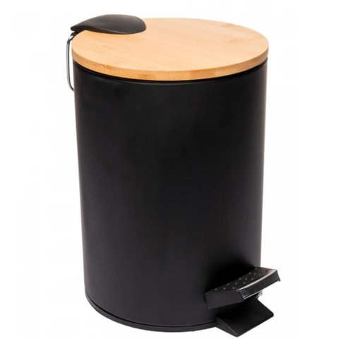 Lixeira Redonda em Metal com Pedal e Tampa Bambu Preta 3L Banheiro Pequena