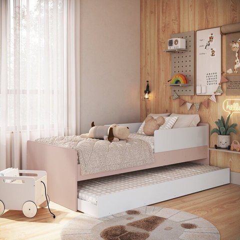 Cama Infantil para Colchão 0,88 x 1,88 com Cama Auxiliar Rosa/Branco