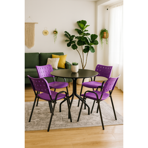 Jogo Mesa Redonda para Restaurante Comércio com 4 Cadeiras Iso Roxa Base Preta Ecomhome