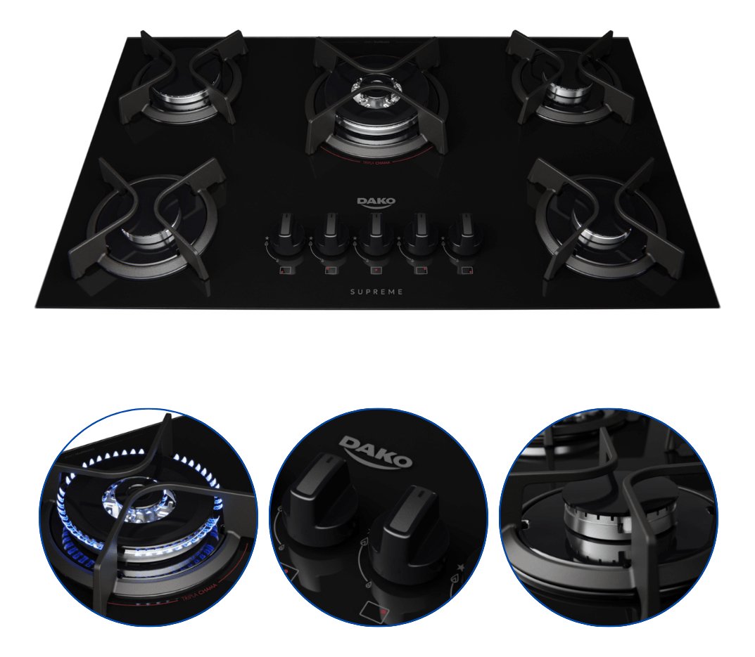 Cooktop 5 Bocas com Mega e Tripla Chama Turbo Glass Dako - 4