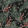Papel de Parede natal, fundo preto. galhos de pinheiro verde, bagas vermelhas, flocos de neve. ilust - 1