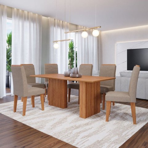 Sala de Jantar 6 Lugares 180 cm Ludovica Cinamomo/Linho Bege - Panorama Móveis