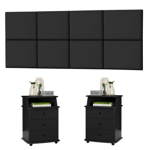Conjunto Cabeceira Painel Paris 1,40 Lisa com Mesas de Cabeceira Luxo Preto - Rede Móveis