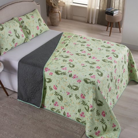 Kit Colcha Cobre Leito Casal 3 Peças Matelado Dupla Face Verde