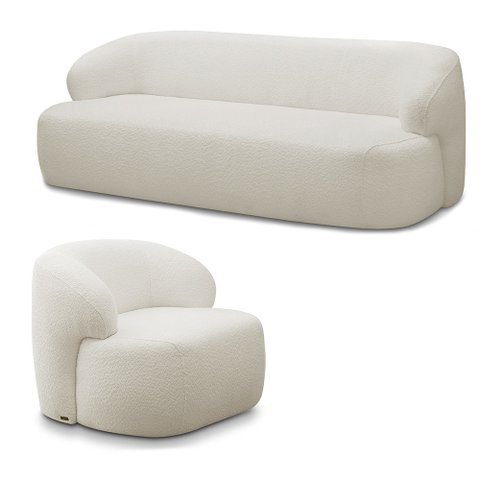 Conjunto Sala de Estar Decorativo Charlote 1 Sofá 180cm 2 Lugares 1 Poltrona Base Fixa com Puff Bouc