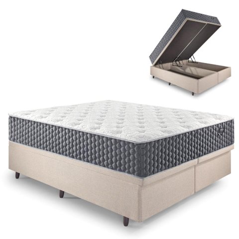 Base Box Baú Queen Bipartido 158x198 Linho com Colchão Relax Fresh Molas Ensacadas