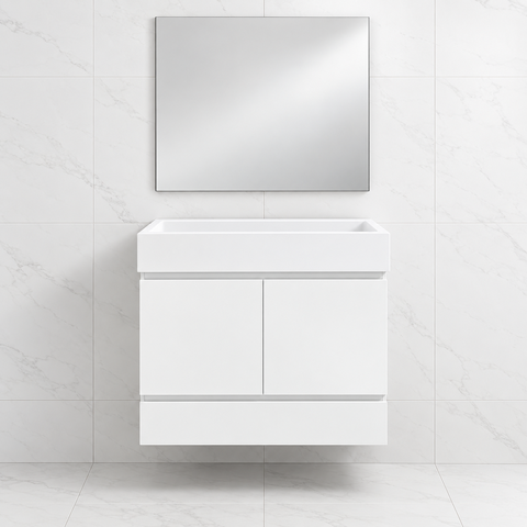 Gabinete para Banheiro Branco 60cm em MDF com Cuba de Ardósia e Espelheira 3 Peças:Branco
