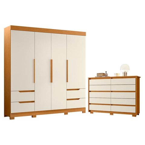 Guarda Roupa Solteiro Vivacce 04 Portas e Cômoda Duetto Cinamomo Off White - Móveis Albatroz