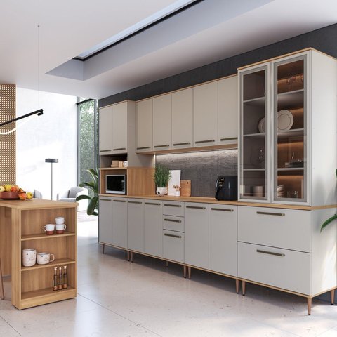 Cozinha Modulada Completa 8 Peças com Cristaleira 16 Portas 2 Gavetas 2 Gavetões 1 Bancada Isabelle Bege/Freijó/Arenas