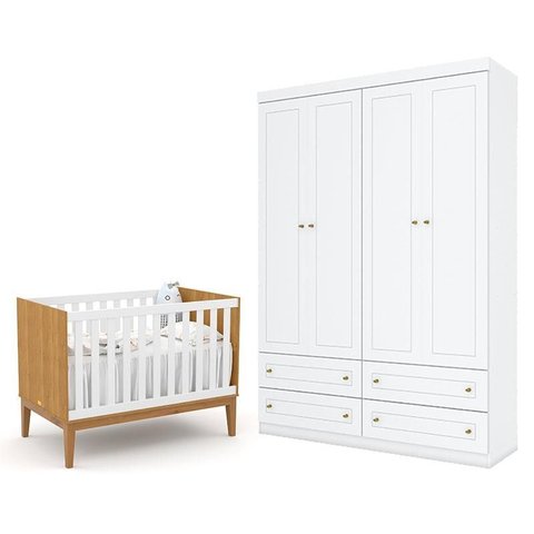 Berço Americano Unique Freijó Branco Soft Eco Wood - Matic e Guarda Roupa Infantil Americano 4 Porta