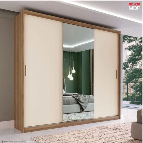 Guarda Roupa Casal Dalila 3 Portas com Espelho Élpis Móveis Amendoa Touch-off White