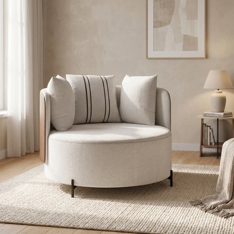 Poltrona Decorativa Redonda com Almofadas Íris 128cm em Bouclé Cinza