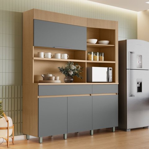 Armário de Cozinha 4 Portas 2 Gavetas 160cm Torre Angular 100% MDF Realeza Marrom/Carvalho/Titânio