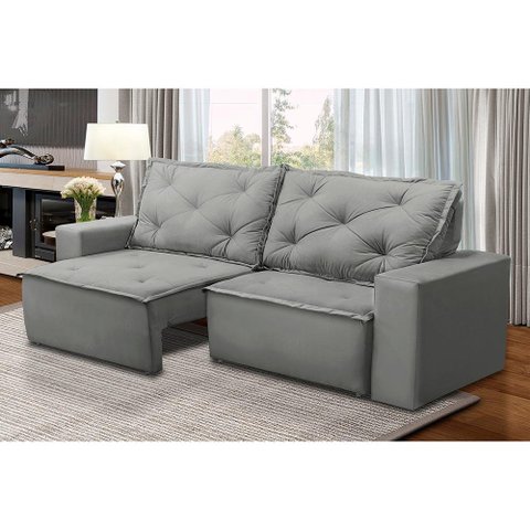 Sofá Retrátil e Reclinável 3 lugares com Molas 1,80m Alana Suede Cinza Madelina