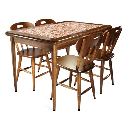 Mesa retangular 4 lugares para cozinha em madeira e 28 azulejos - Frutas