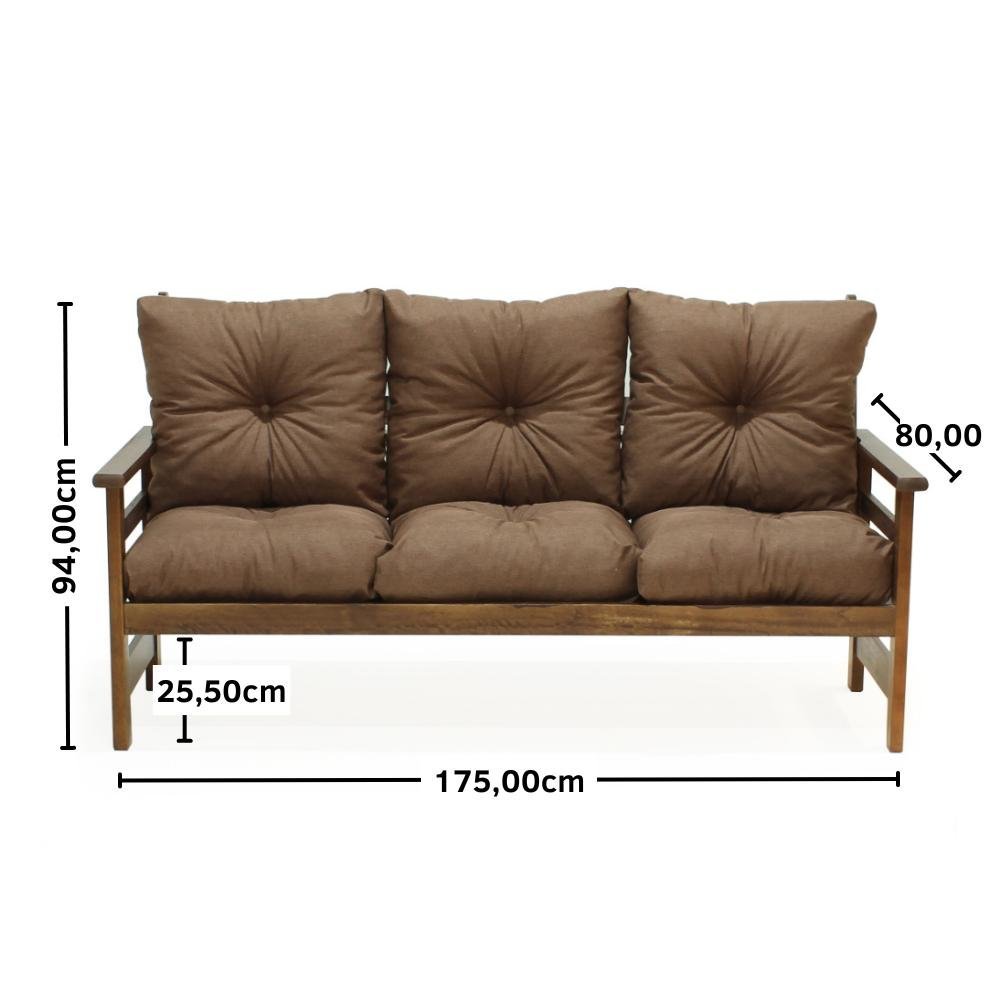 Conjunto Sofá Havaí 3 Lugares + 2 Poltronas de Madeira com Almofadas Confortáveis - Marrom - 8