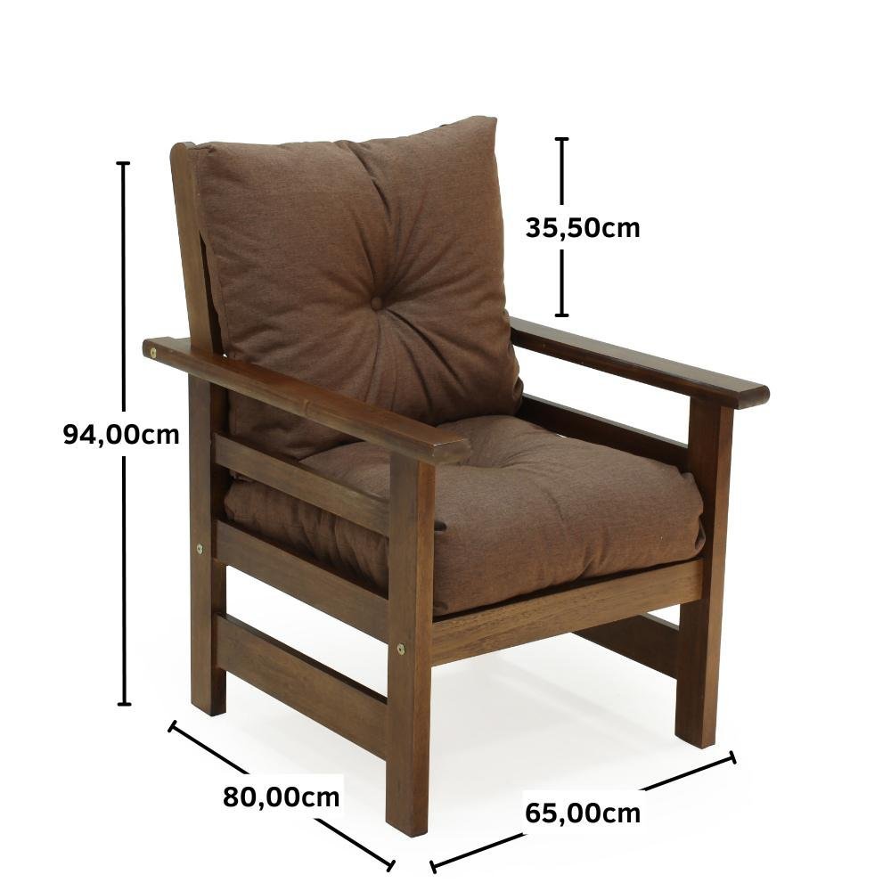 Conjunto Sofá Havaí 3 Lugares + 2 Poltronas de Madeira com Almofadas Confortáveis - Marrom - 9