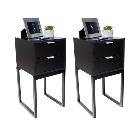 Mesa de Cabeceira Eco Industrial 30cm Preto 2 Gavetas Pés Ferro Preto para Quarto Cama