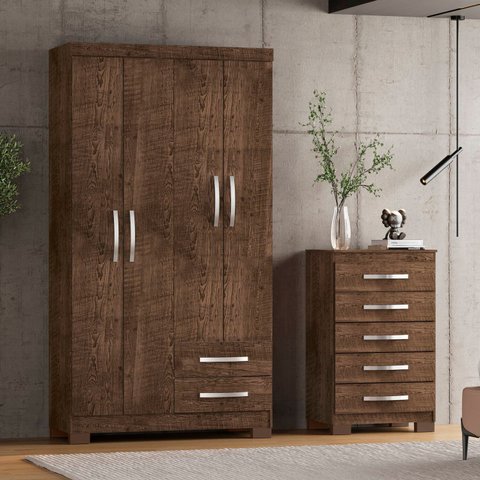 Guarda-Roupa Solteiro 4 Portas 2 Gavetas e Cômoda 5 Gavetas Itapema Marrom/Malbec