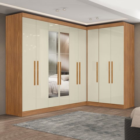 Guarda-Roupa Modulado de Canto com Puxadores MDF e Espelho Paris Off White/Cinamomo
