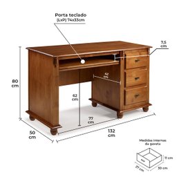 Escrivaninha Madeira Maciça 3 Gavetas Suporte para Teclado e Divisor de Ambiente 50605 Linz Moveis - 6