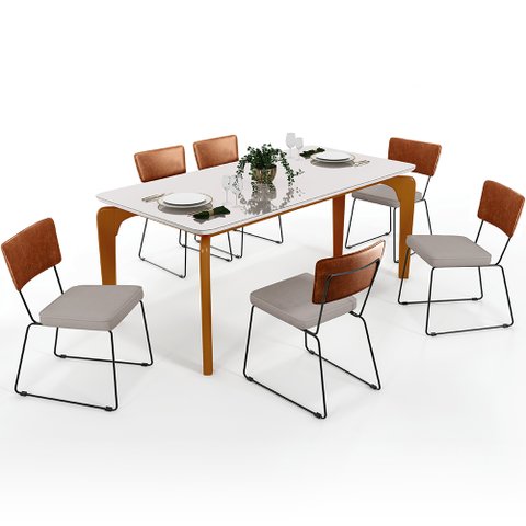 Mesa Capri 160cm Off White Nature Com 6 Cadeiras Allana B05 Couríssimo Camel Linho Bege - Lyam
