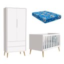 Ver imagem 1 de Berço Americano e Guarda Roupa 2 Portas Infantil Theo Branco Acetinado com Pés Madeira Natural e Col