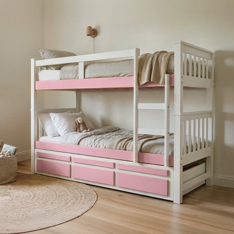 Treliche Solteiro Madeira Maciça com Cama Auxiliar e 3 Gavetas Branco/Rosa