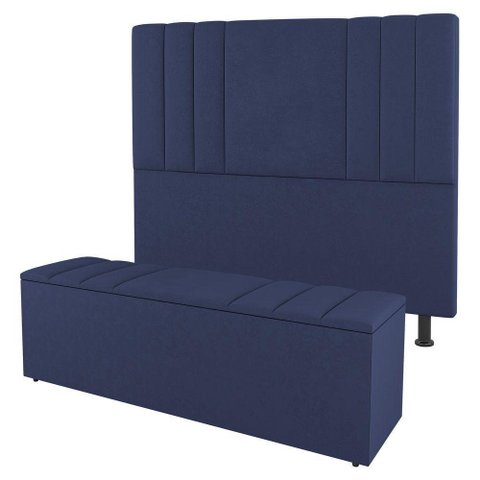Kit Cabeceira E Baú Cama Box King 195Cm Suede Azul