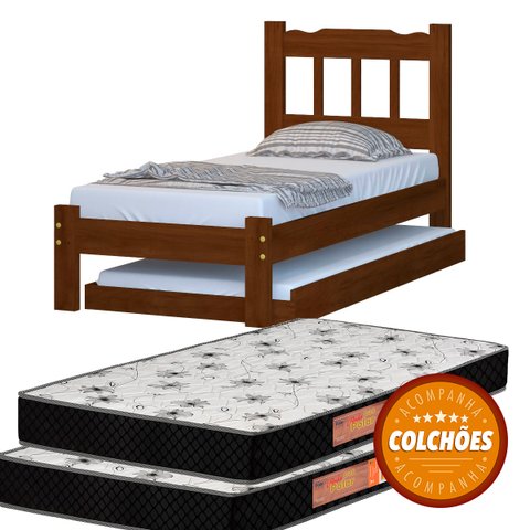 Cama Solteiro + Cama Auxiliar + 2 Colchões Cor Castanho
