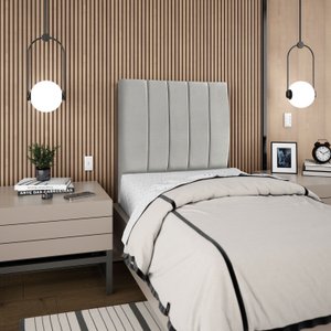 Cabeceira Estofada Cama Box Solteiro Carla 90cm com Frame Suede:cinza Claro
