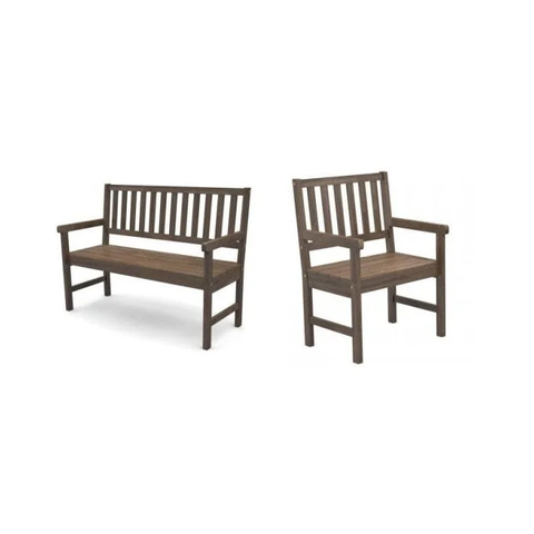 Conjunto Bancos de Jardim 2 Lugares e 1 Lugar Rústico com Encosto Envelhecido Marrom